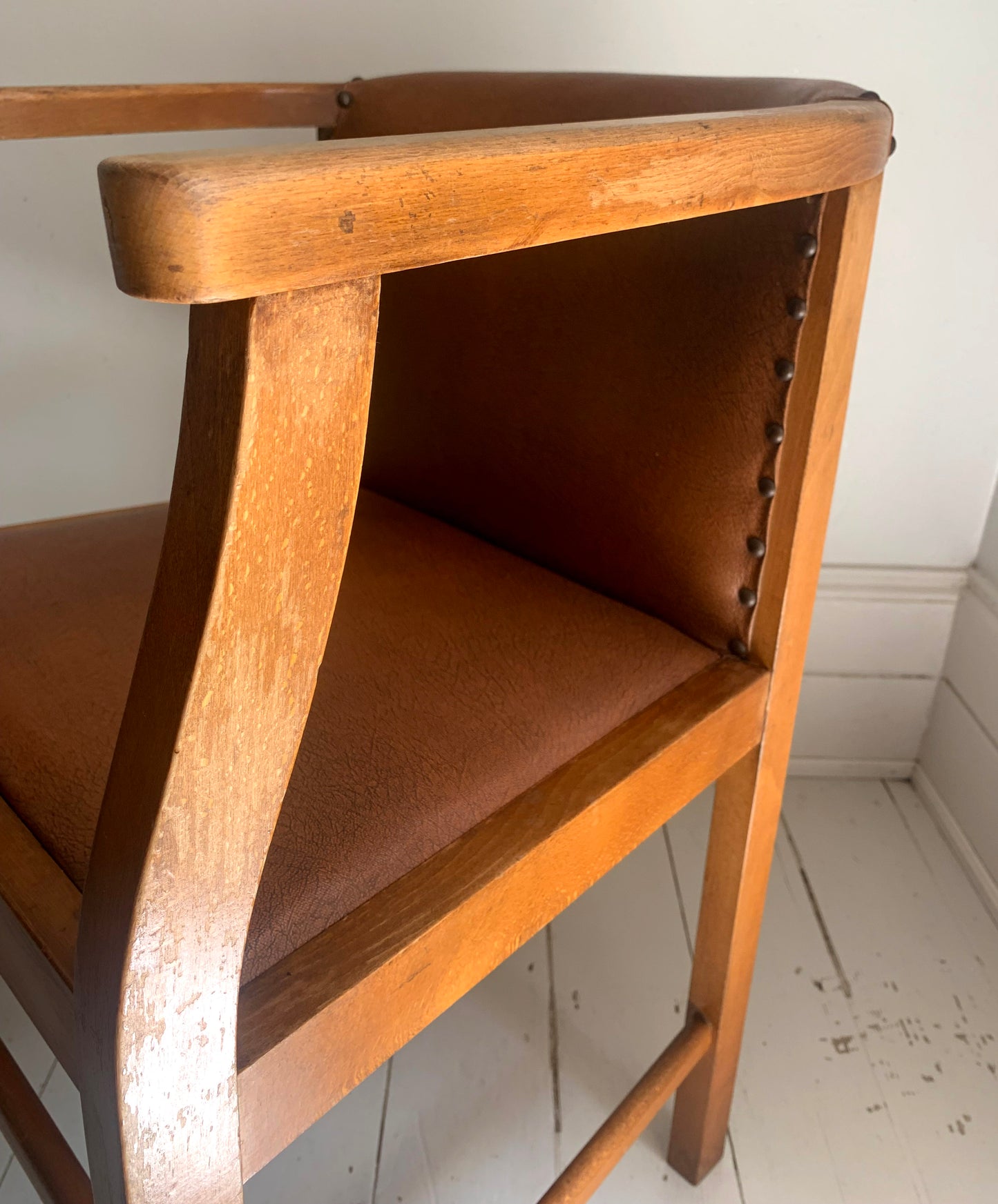 Pair of 1920/30s Horseshoe, Tub Carver Chairs Upholstered in Cognac Vinyl
