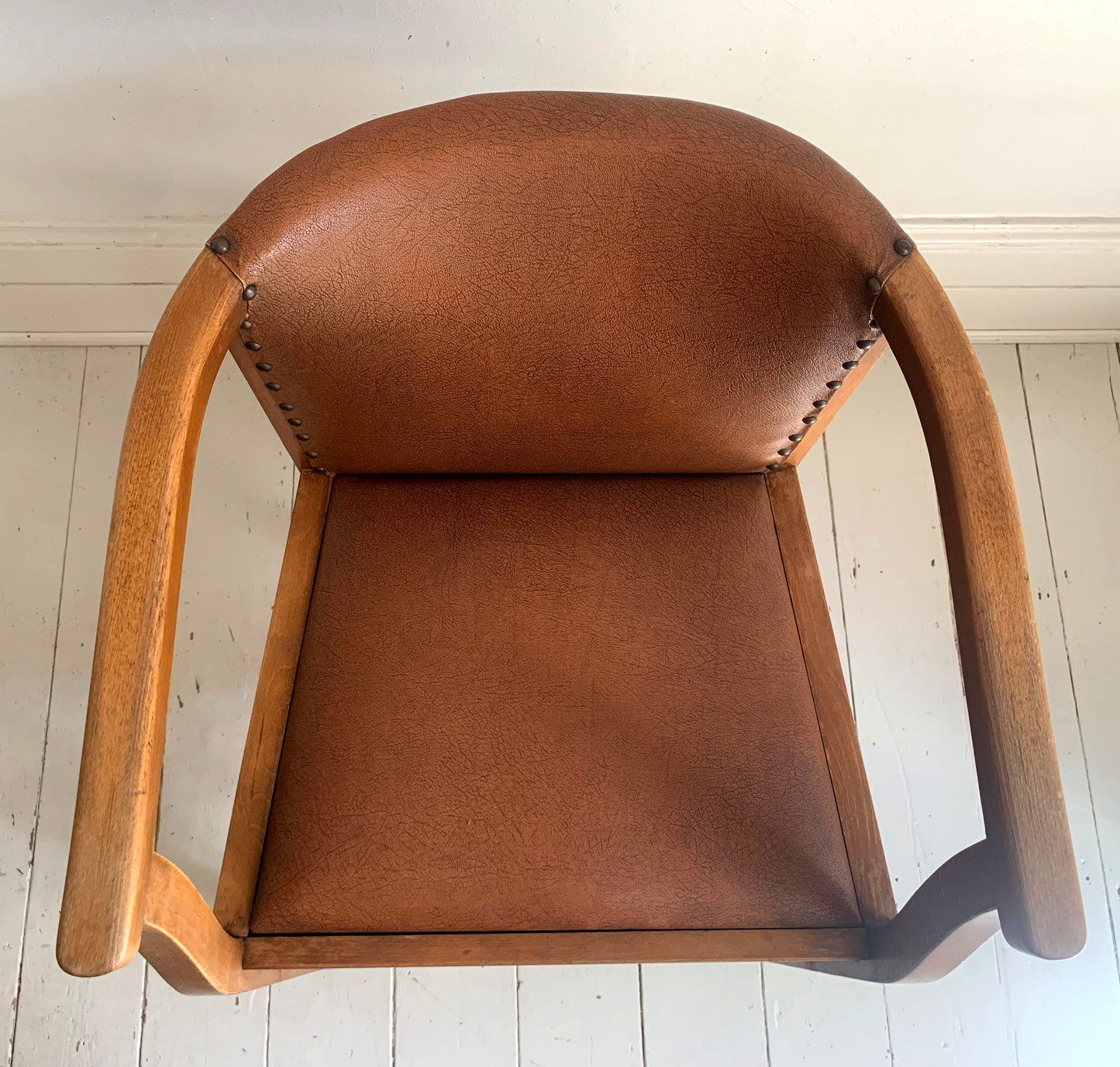Pair of 1920/30s Horseshoe, Tub Carver Chairs Upholstered in Cognac Vinyl