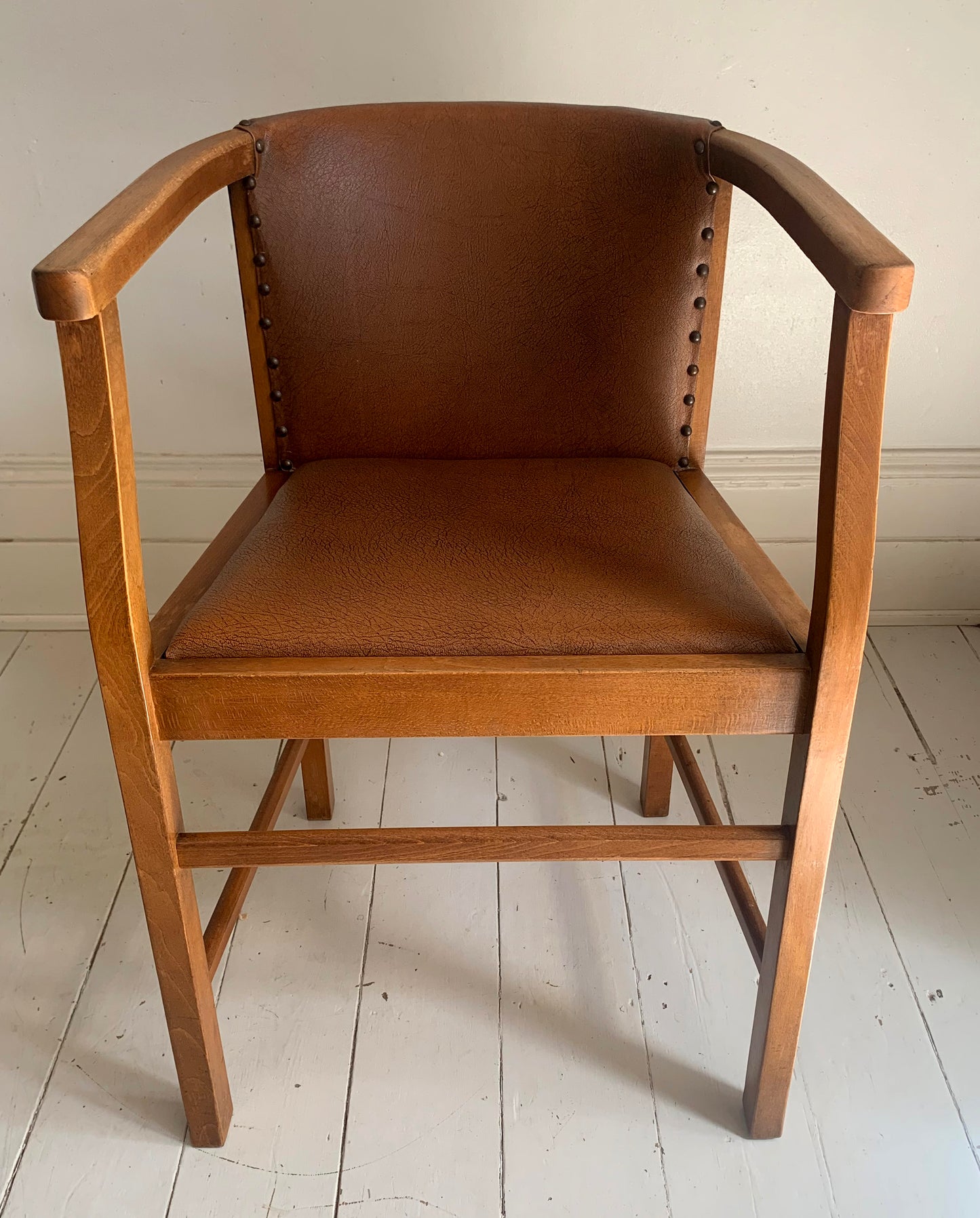 Pair of 1920/30s Horseshoe, Tub Carver Chairs Upholstered in Cognac Vinyl