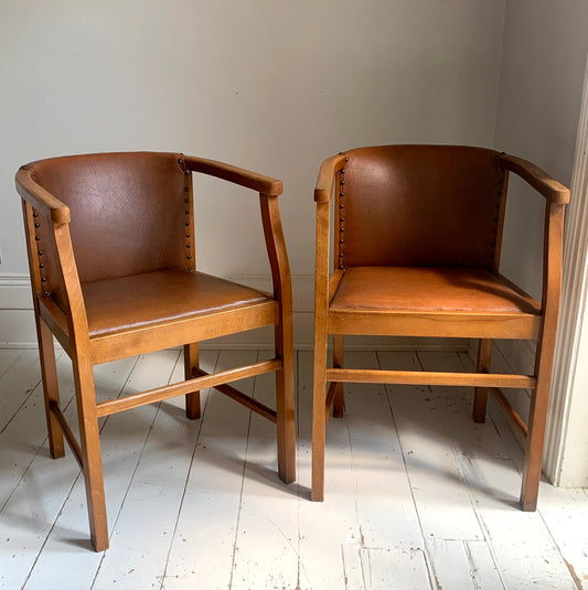 Pair of 1920/30s Horseshoe, Tub Carver Chairs Upholstered in Cognac Vinyl