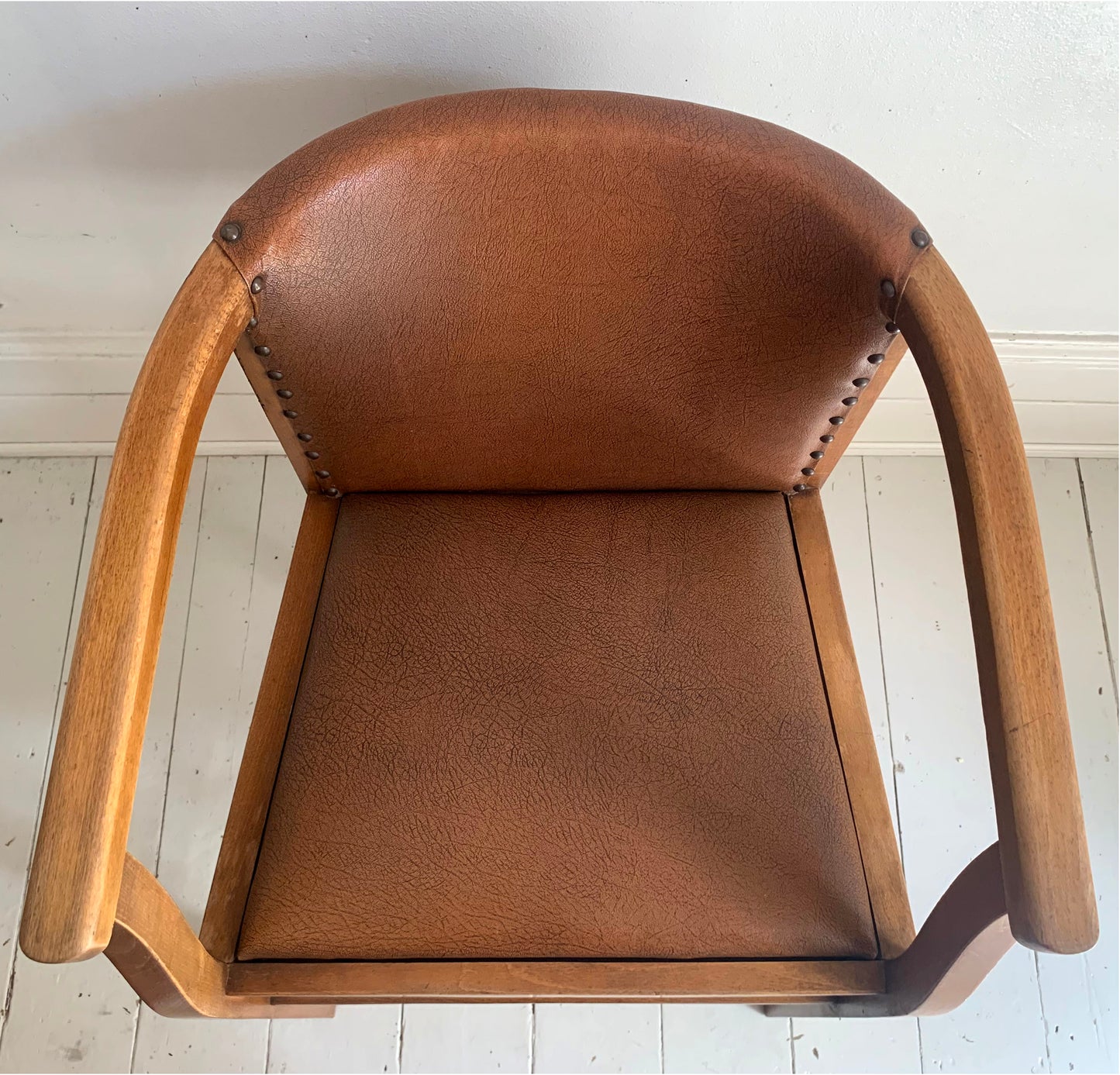 Pair of 1920/30s Horseshoe, Tub Carver Chairs Upholstered in Cognac Vinyl