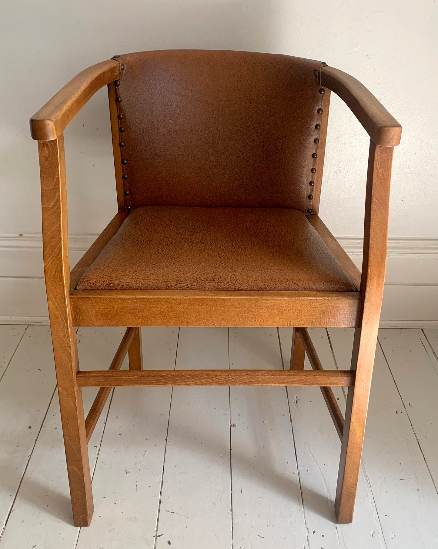 Pair of 1920/30s Horseshoe, Tub Carver Chairs Upholstered in Cognac Vinyl