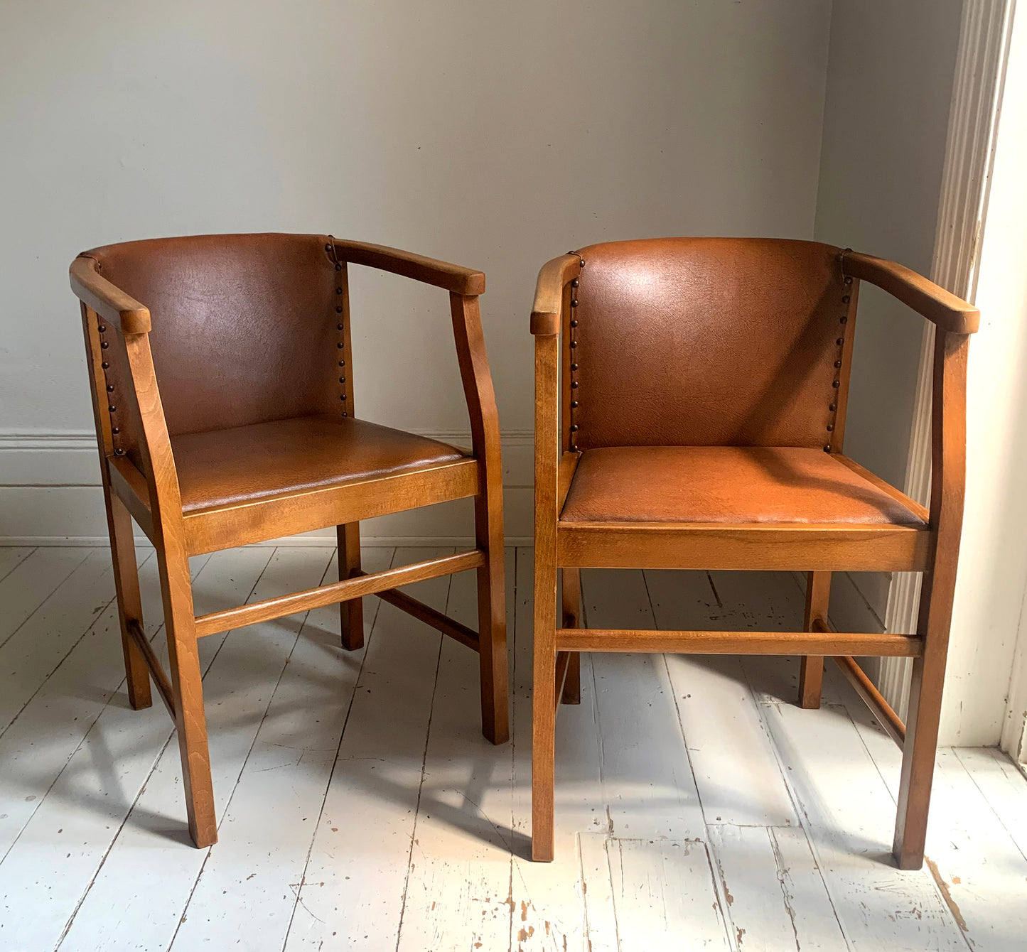 Pair of 1920/30s Horseshoe, Tub Carver Chairs Upholstered in Cognac Vinyl
