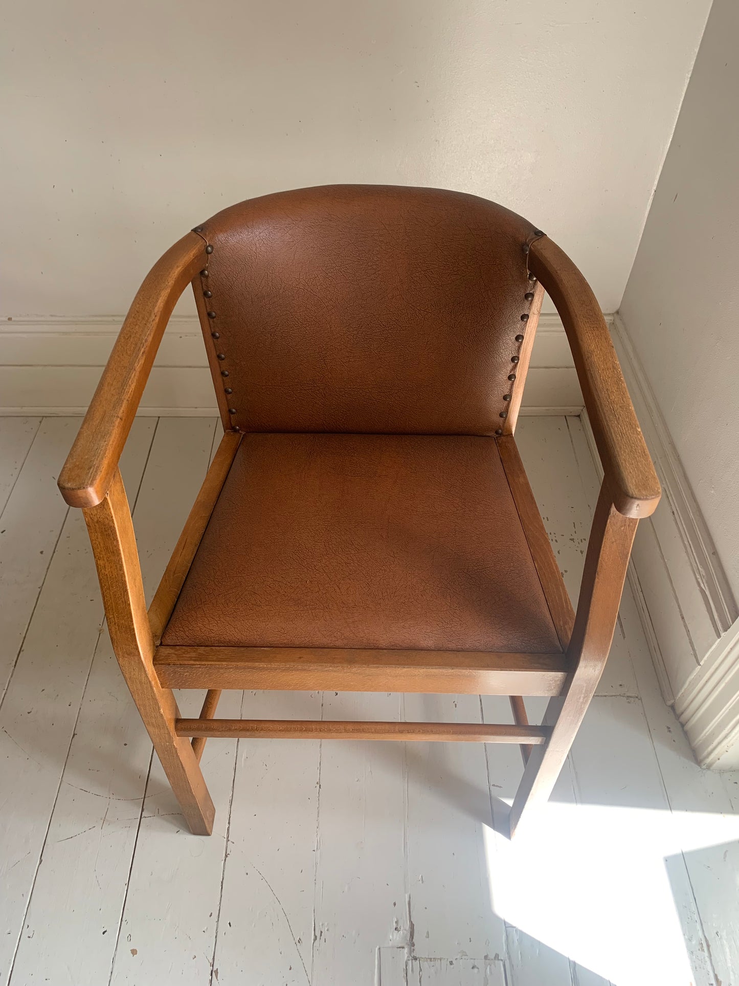 Pair of 1920/30s Horseshoe, Tub Carver Chairs Upholstered in Cognac Vinyl