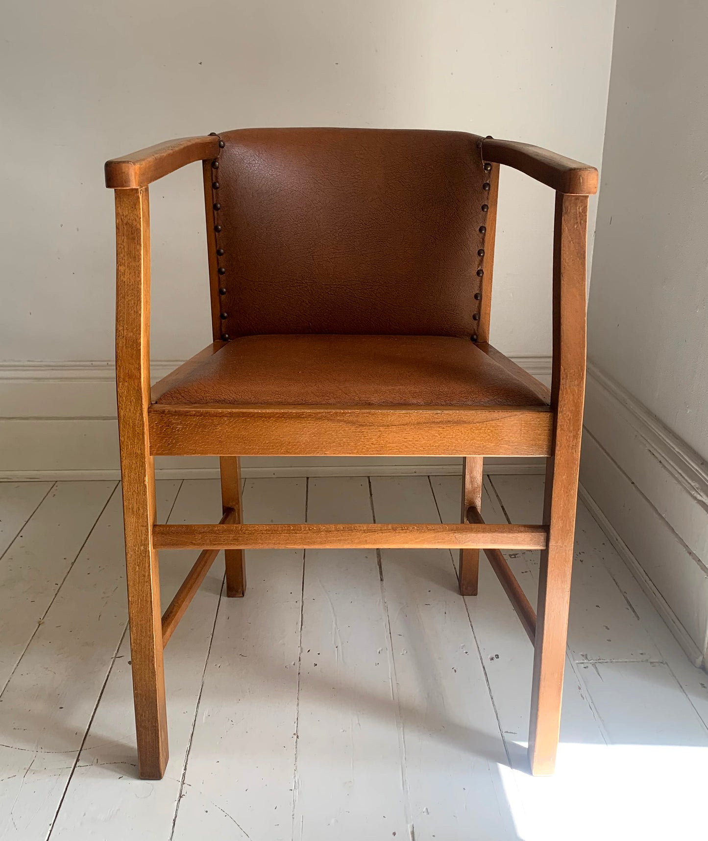 Pair of 1920/30s Horseshoe, Tub Carver Chairs Upholstered in Cognac Vinyl