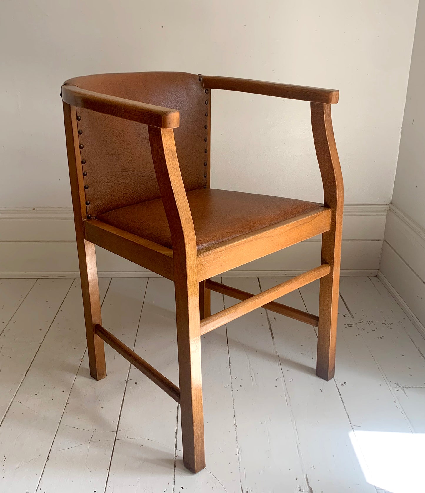 Pair of 1920/30s Horseshoe, Tub Carver Chairs Upholstered in Cognac Vinyl
