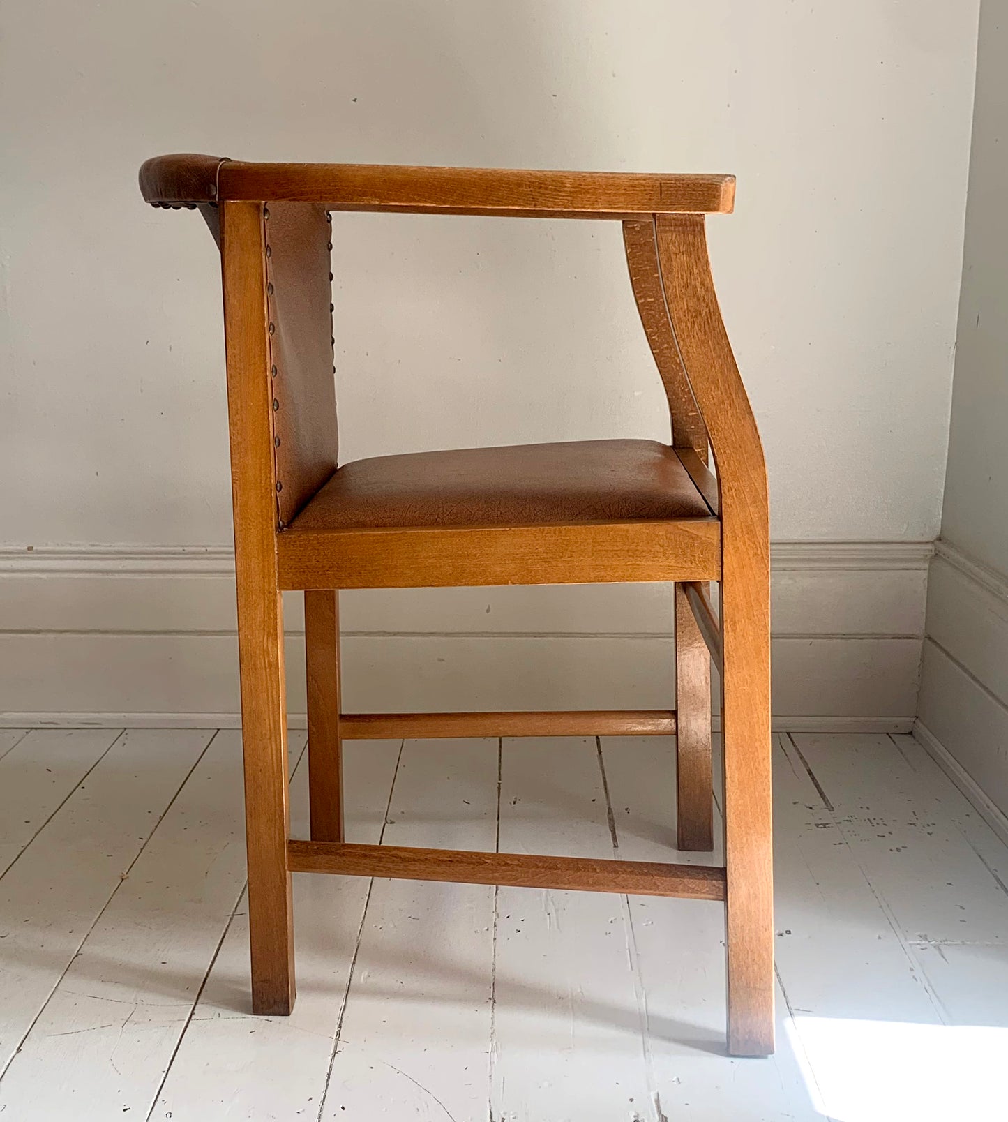 Pair of 1920/30s Horseshoe, Tub Carver Chairs Upholstered in Cognac Vinyl