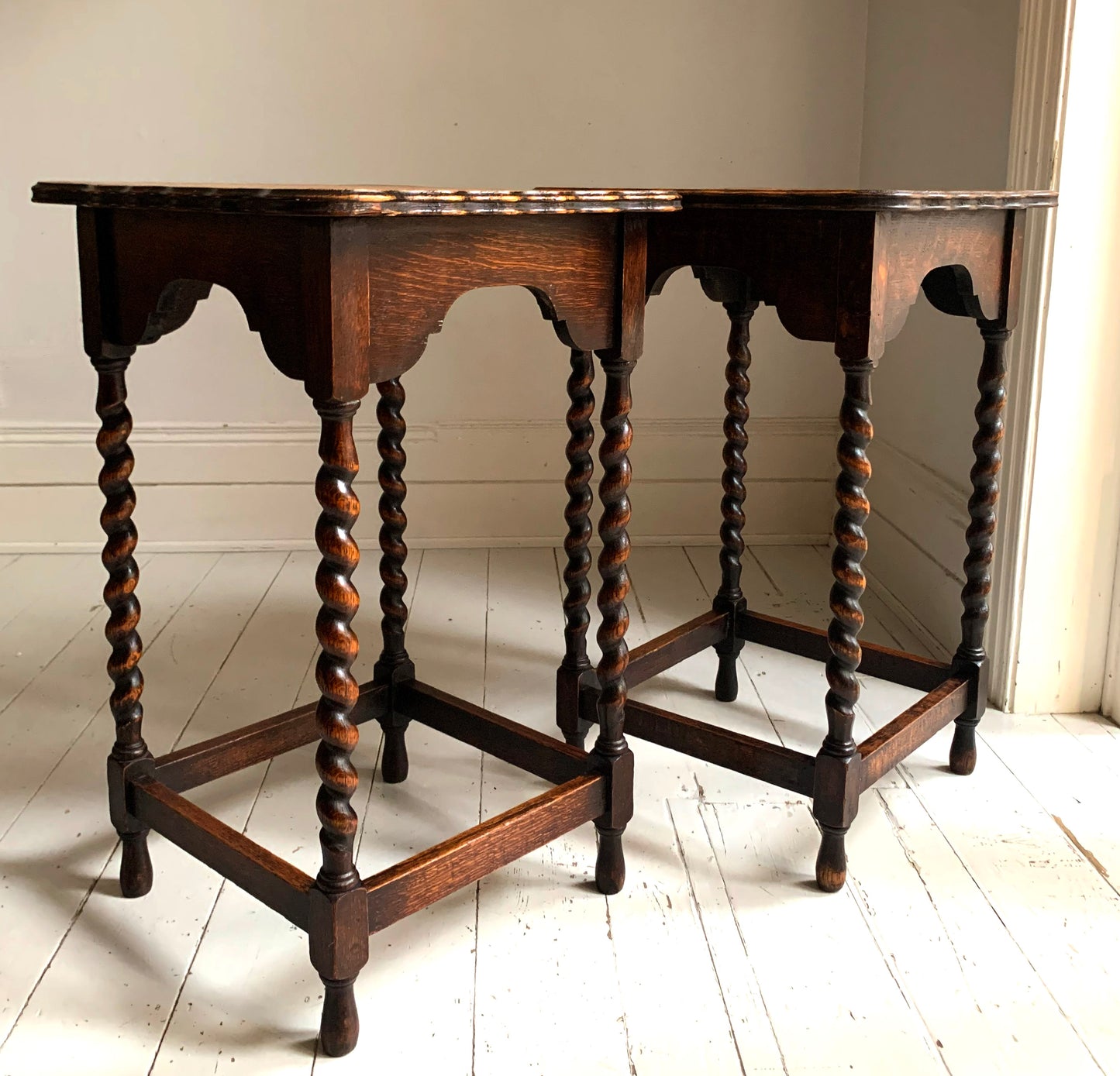 Pair of Antique Edwardian Oak Barley Twist Tall Side Tables w/ Pie Crust Edging
