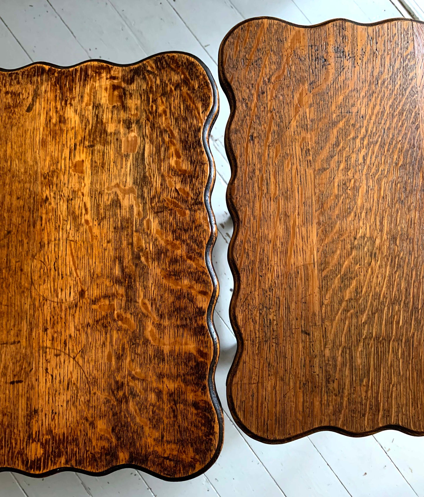 Pair of Antique Edwardian Oak Barley Twist Tall Side Tables w/ Pie Crust Edging