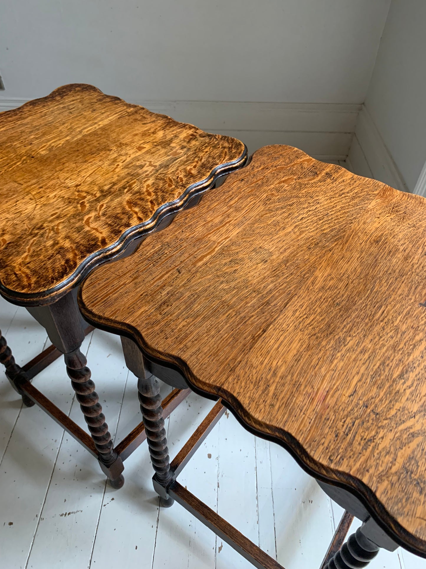 Pair of Antique Edwardian Oak Barley Twist Tall Side Tables w/ Pie Crust Edging