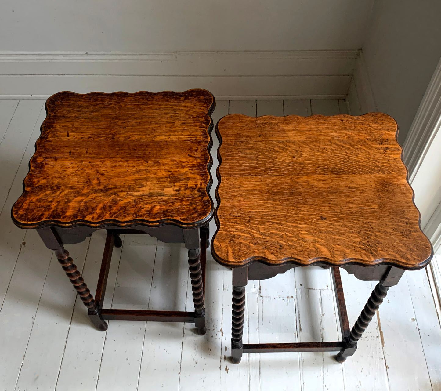 Pair of Antique Edwardian Oak Barley Twist Tall Side Tables w/ Pie Crust Edging