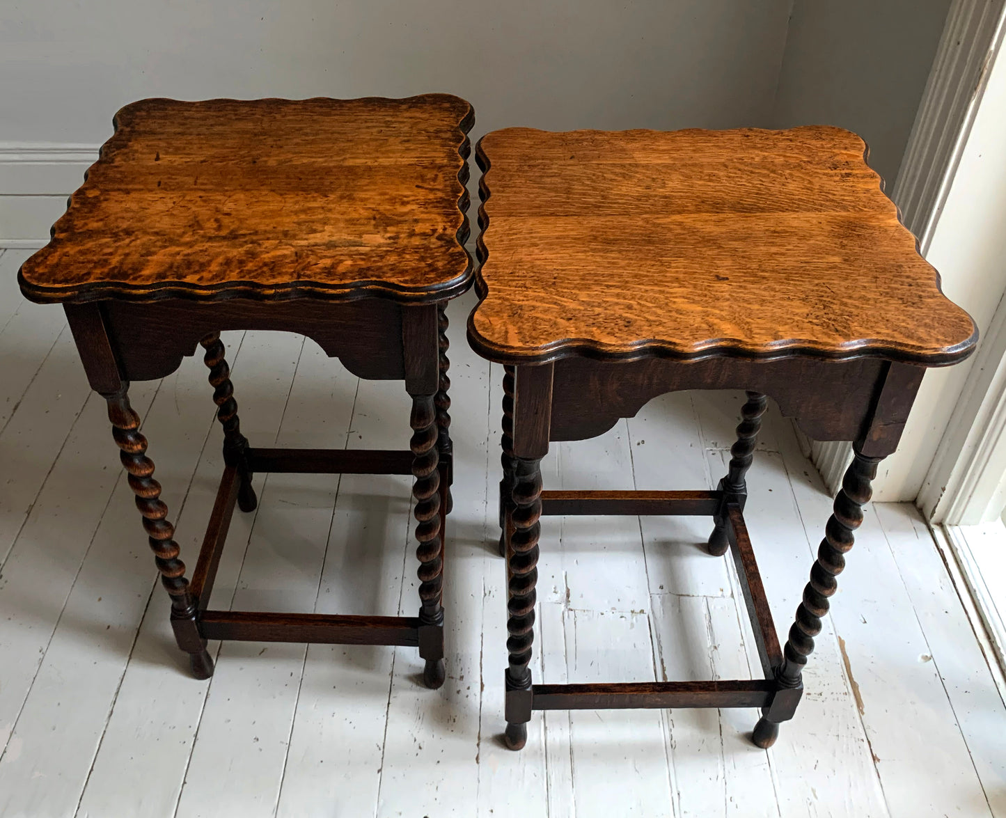 Pair of Antique Edwardian Oak Barley Twist Tall Side Tables w/ Pie Crust Edging