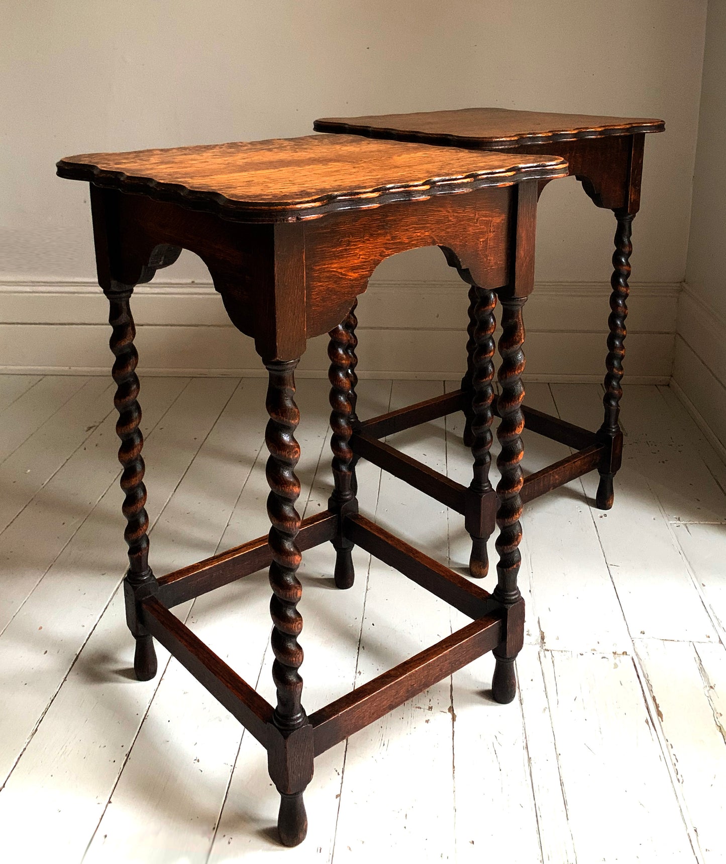 Pair of Antique Edwardian Oak Barley Twist Tall Side Tables w/ Pie Crust Edging