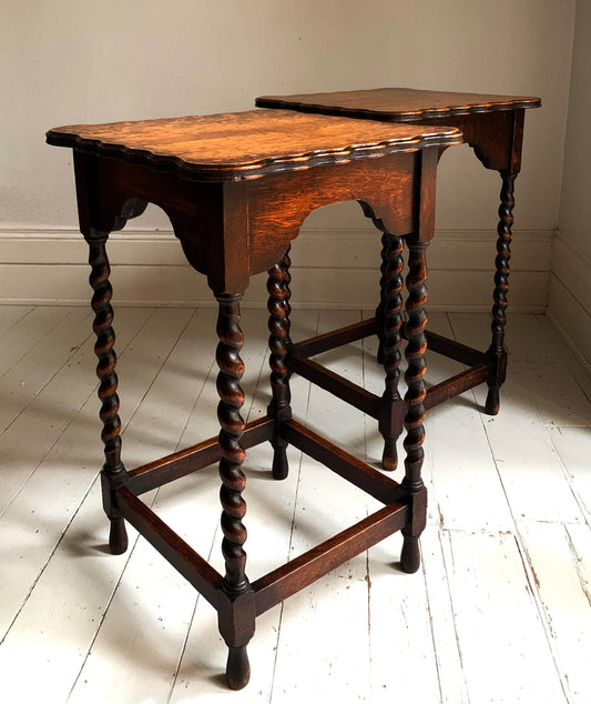 Pair of Antique Edwardian Oak Barley Twist Tall Side Tables w/ Pie Crust Edging