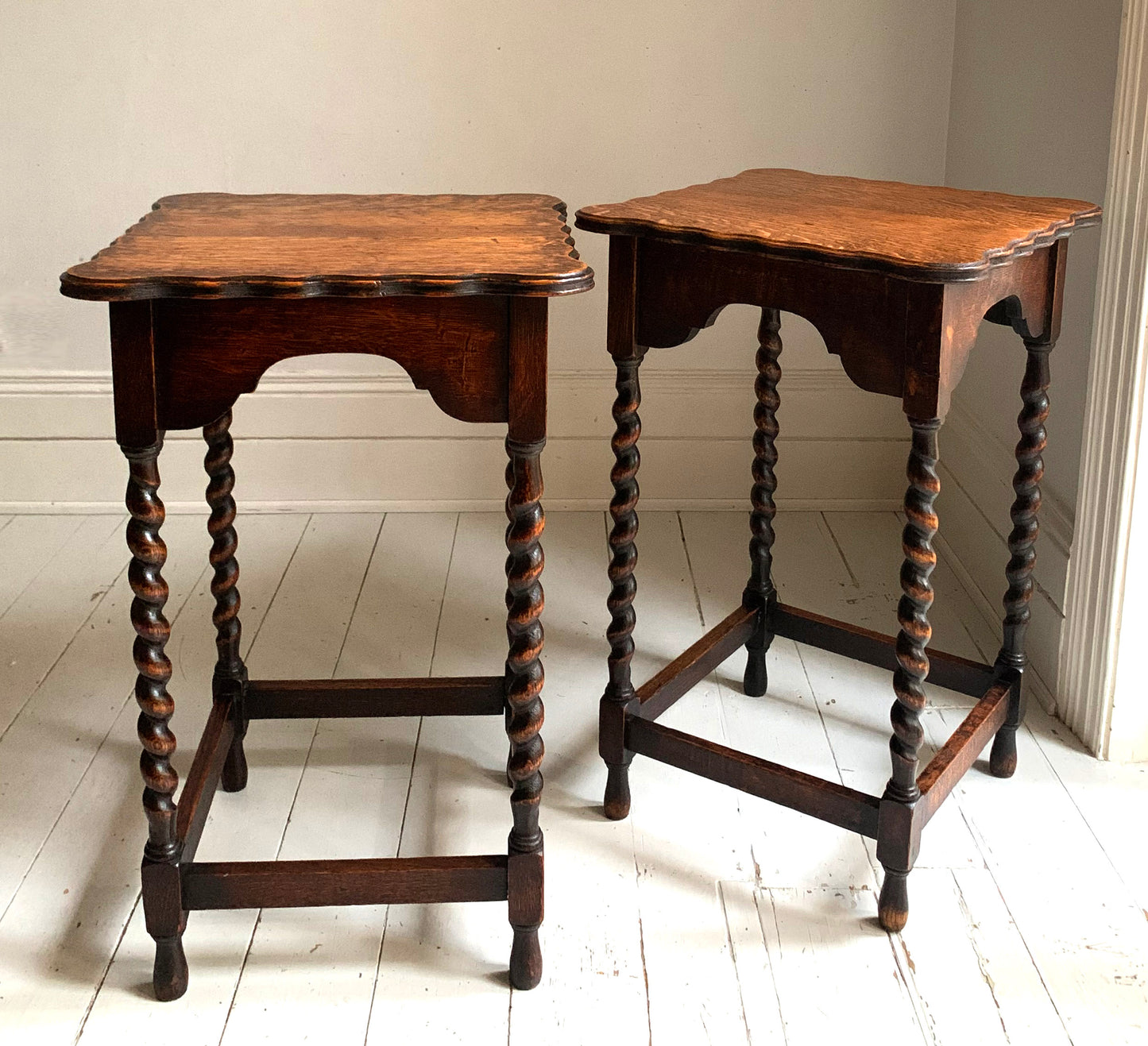 Pair of Antique Edwardian Oak Barley Twist Tall Side Tables w/ Pie Crust Edging