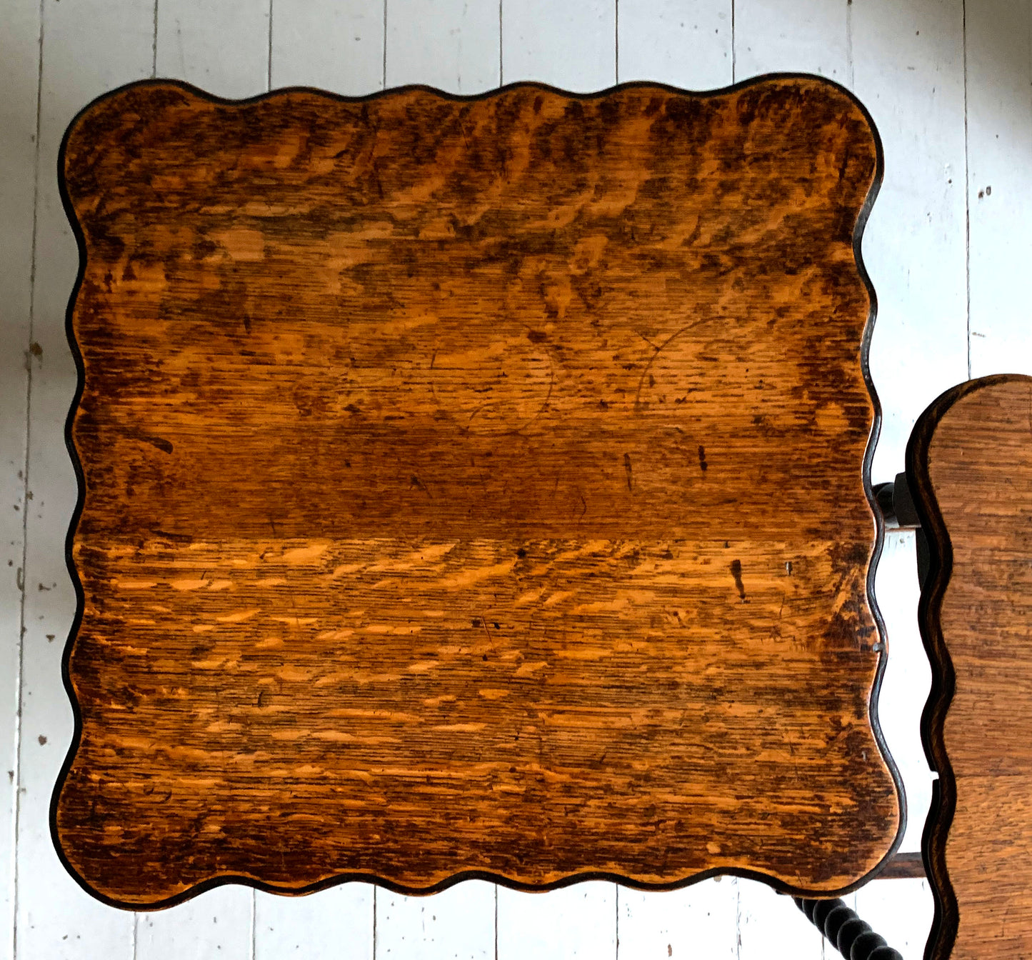 Pair of Antique Edwardian Oak Barley Twist Tall Side Tables w/ Pie Crust Edging
