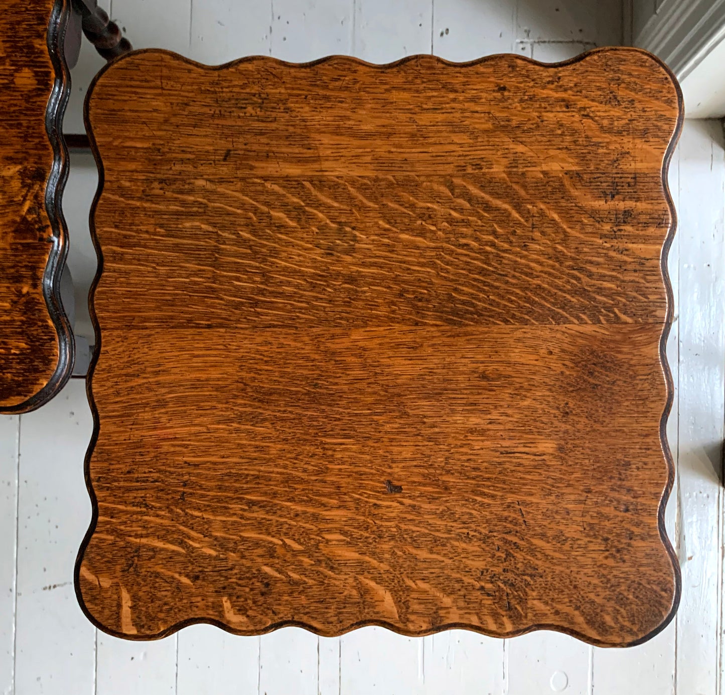 Pair of Antique Edwardian Oak Barley Twist Tall Side Tables w/ Pie Crust Edging