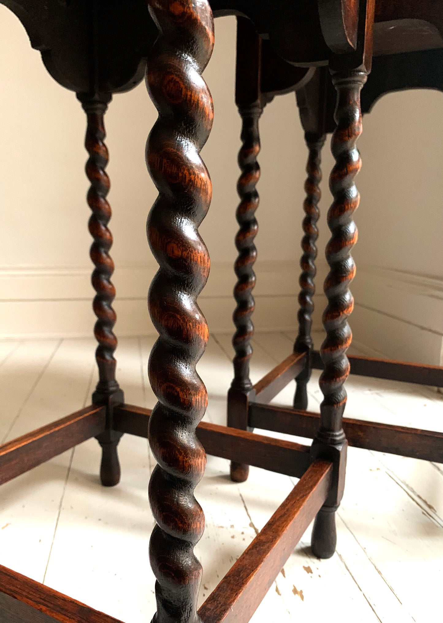 Pair of Antique Edwardian Oak Barley Twist Tall Side Tables w/ Pie Crust Edging