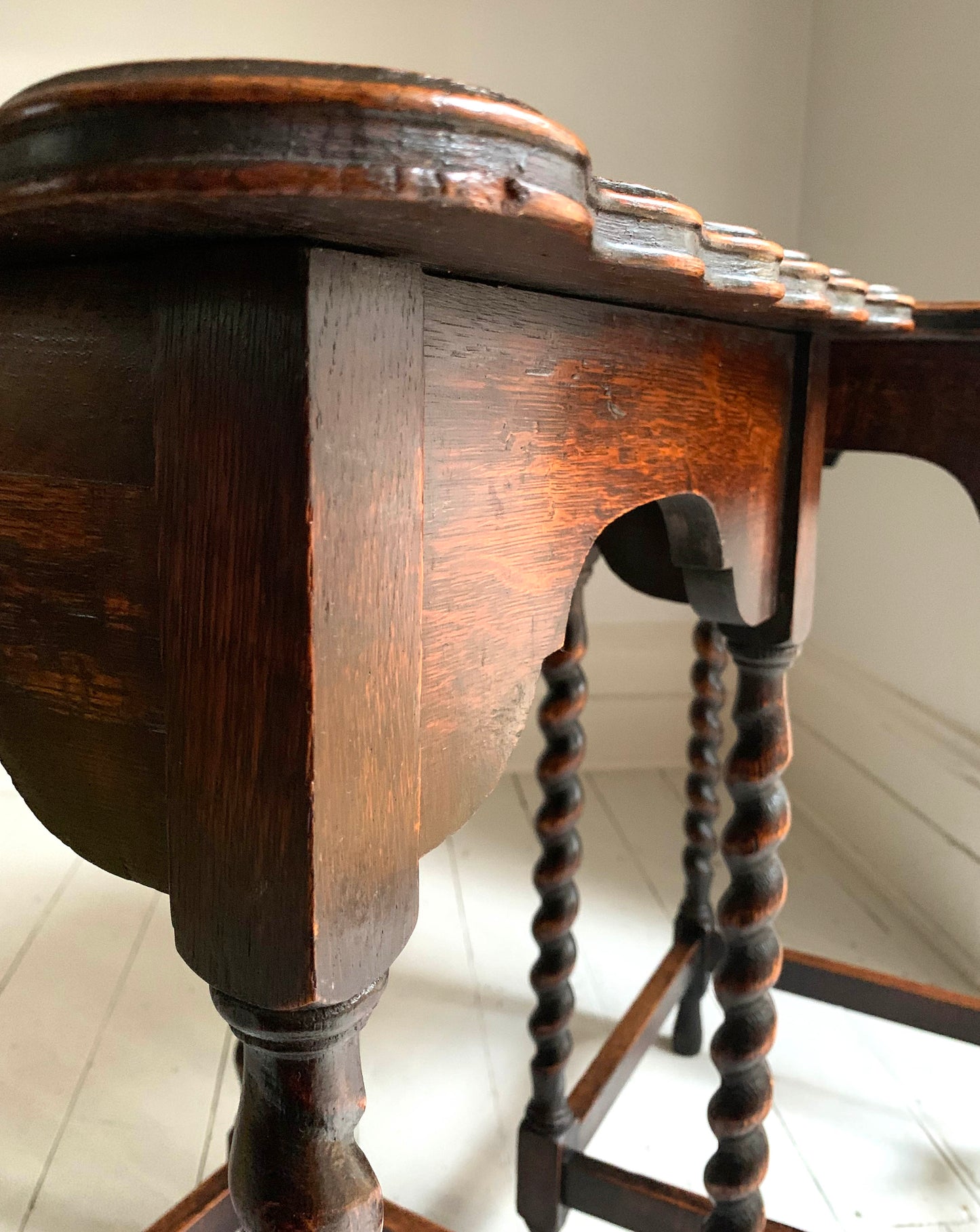 Pair of Antique Edwardian Oak Barley Twist Tall Side Tables w/ Pie Crust Edging