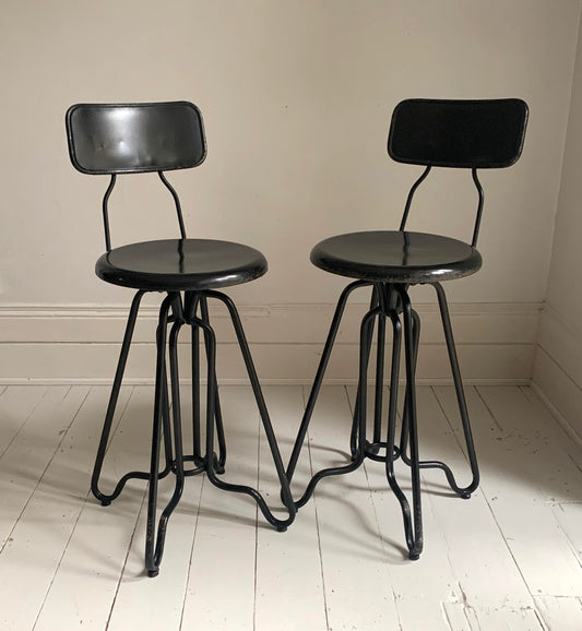 Pair of Black Dutch Bone Ovid Bar Stools - Industrial Metal