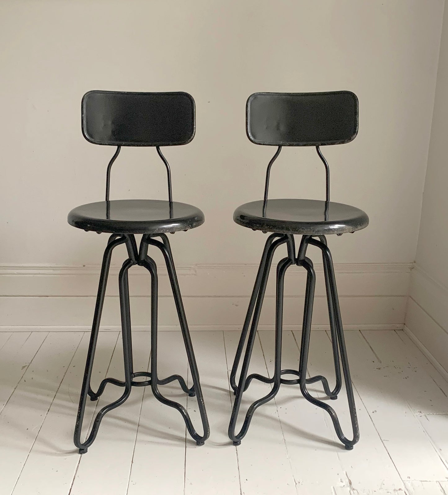 Pair of Black Dutch Bone Ovid Bar Stools - Industrial Metal