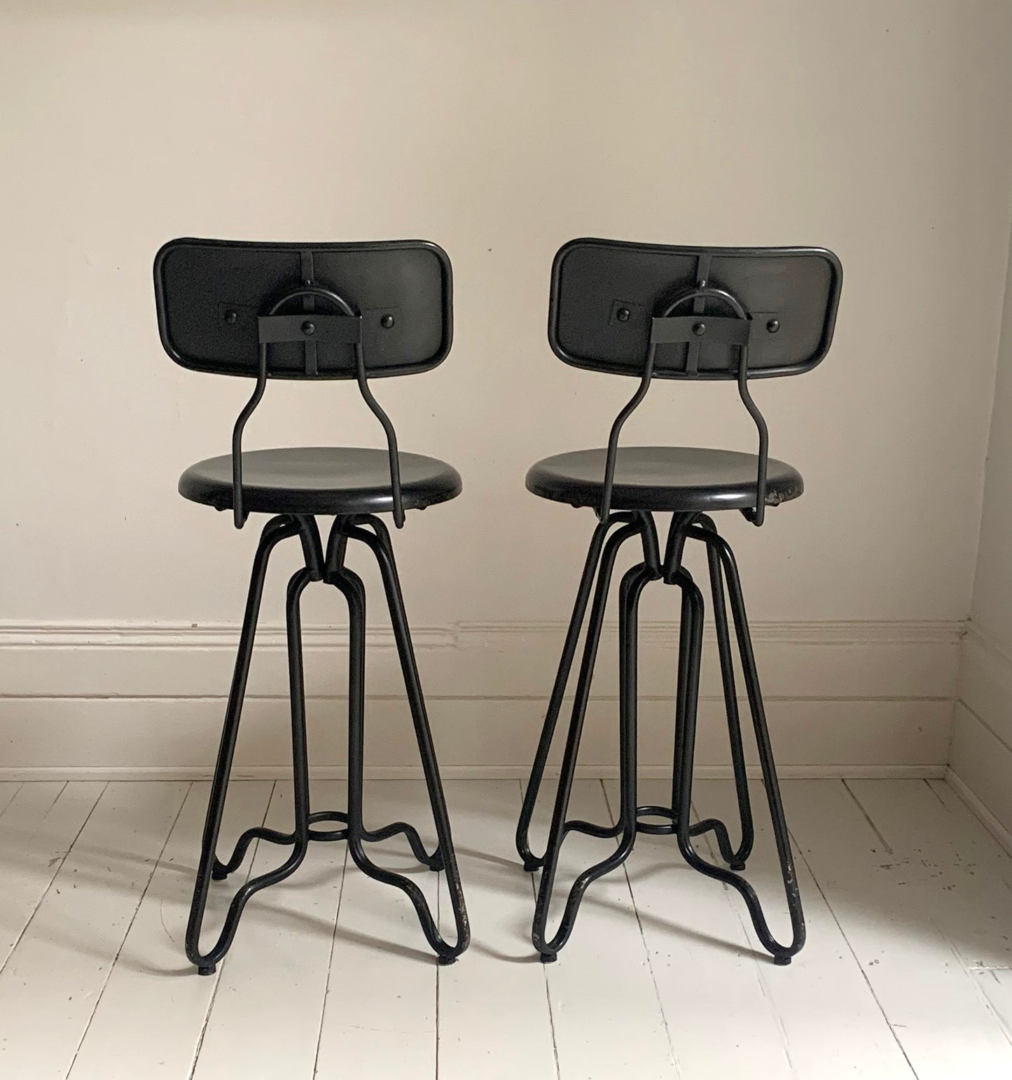 Pair of Black Dutch Bone Ovid Bar Stools - Industrial Metal