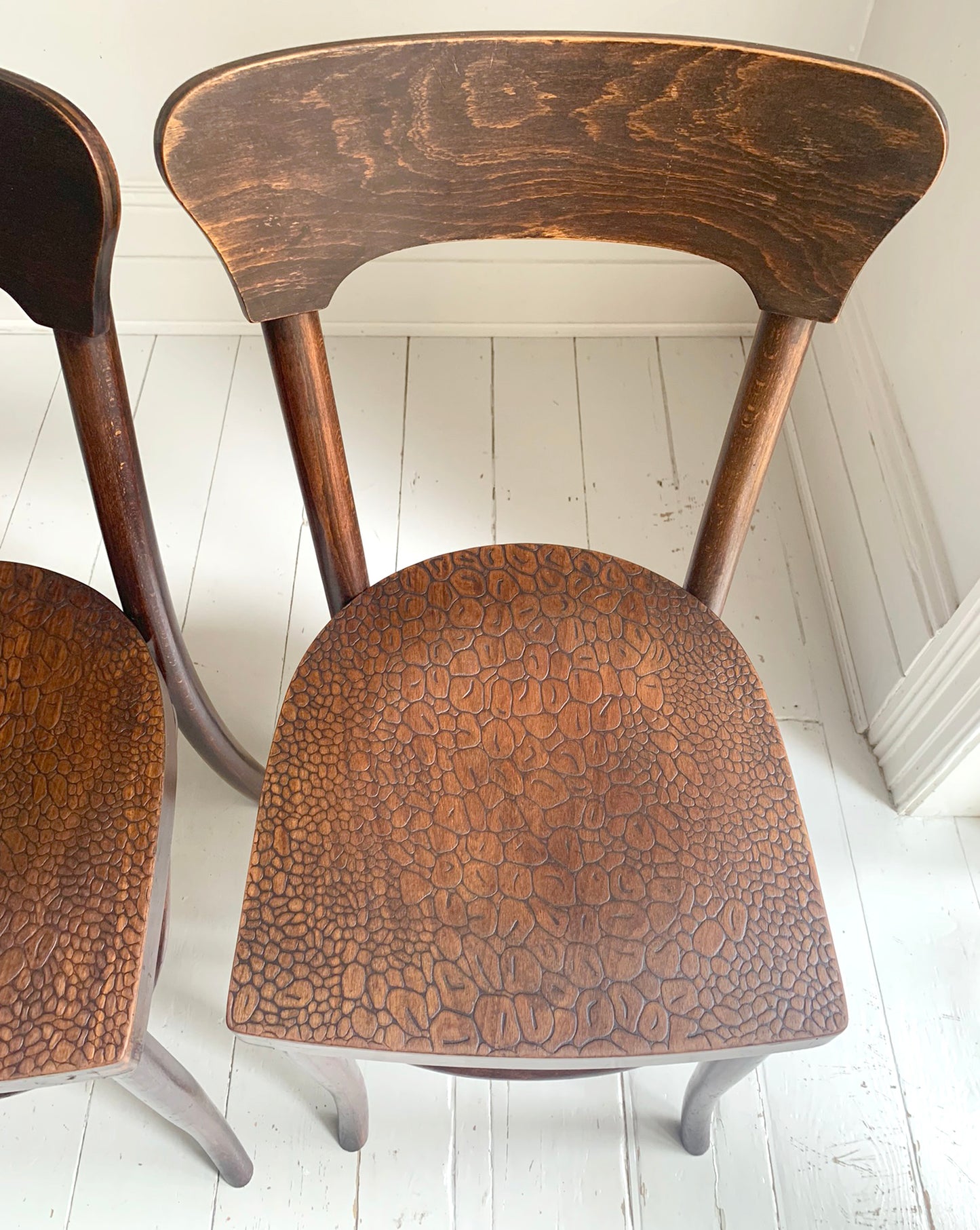 A Pair of Crocodile Embossed Bentwood Cafe / Dining Chairs, a rare find