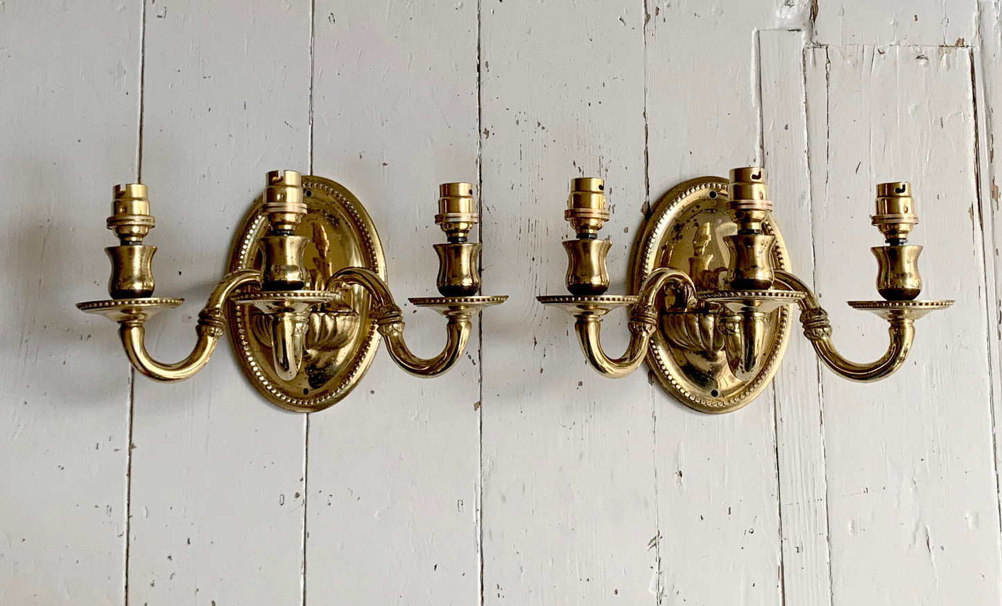 Pair Of Vintage Mod Dep Lamp Art Three Arm Brass Plated Wall Sconces