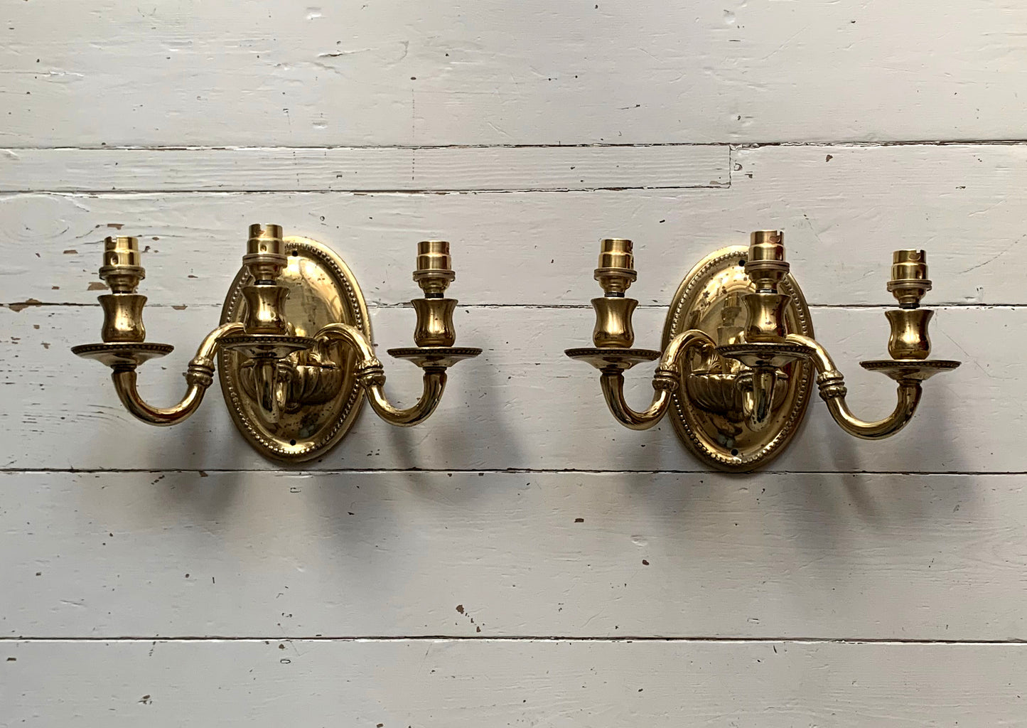 Pair Of Vintage Mod Dep Lamp Art Three Arm Brass Plated Wall Sconces