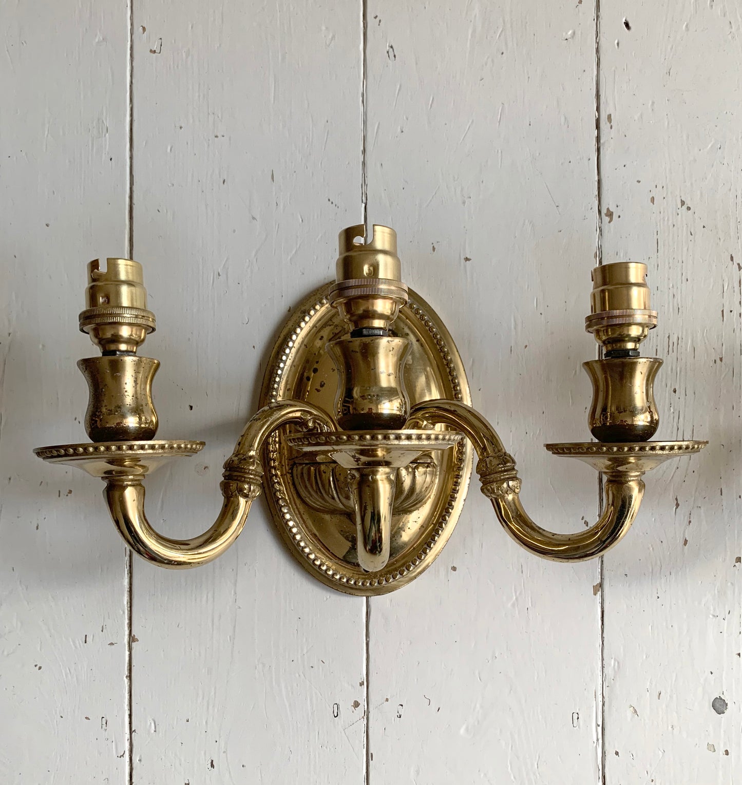 Pair Of Vintage Mod Dep Lamp Art Three Arm Brass Plated Wall Sconces