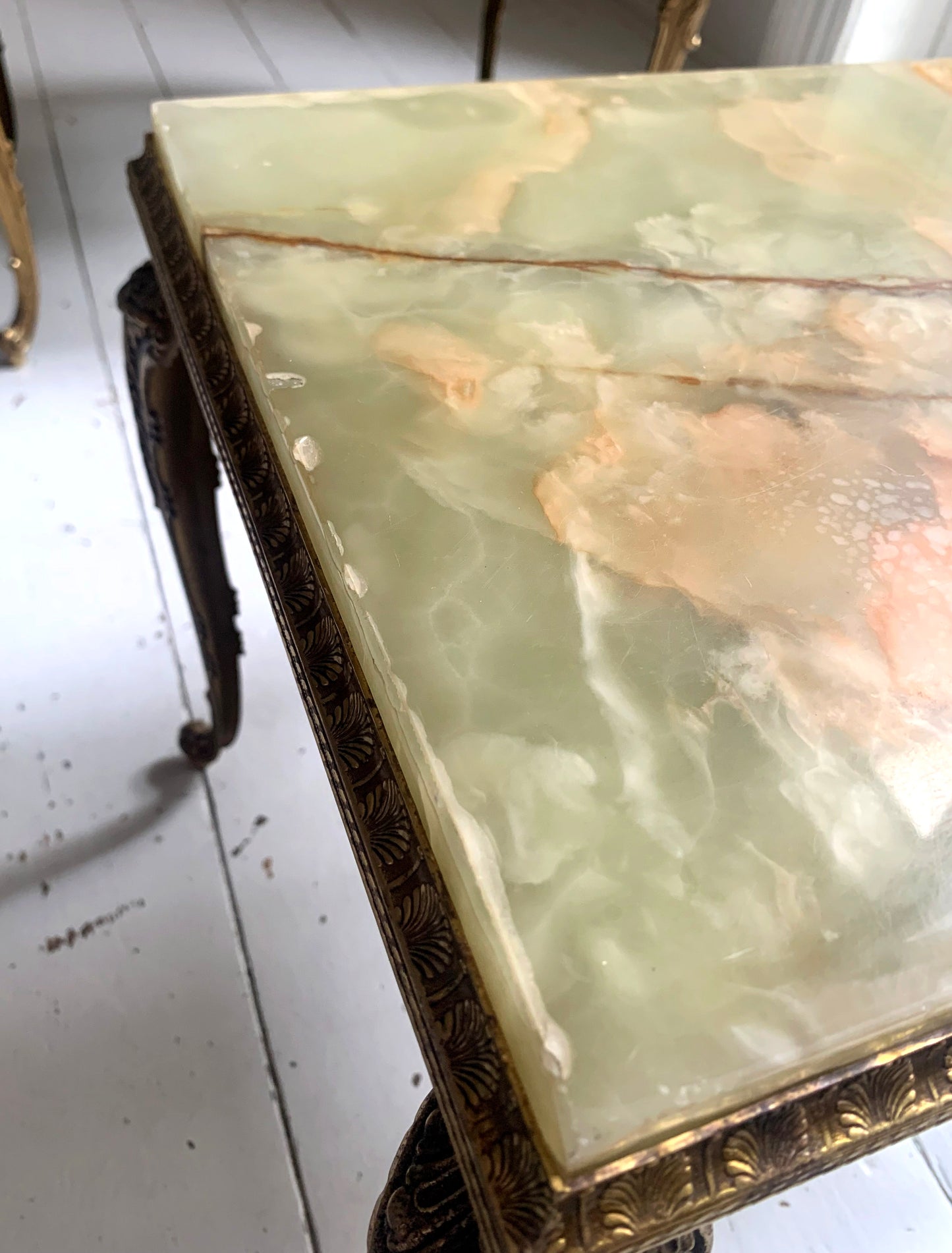 Vintage Hollywood Regency Pair of Onyx & Brass Nesting Tables