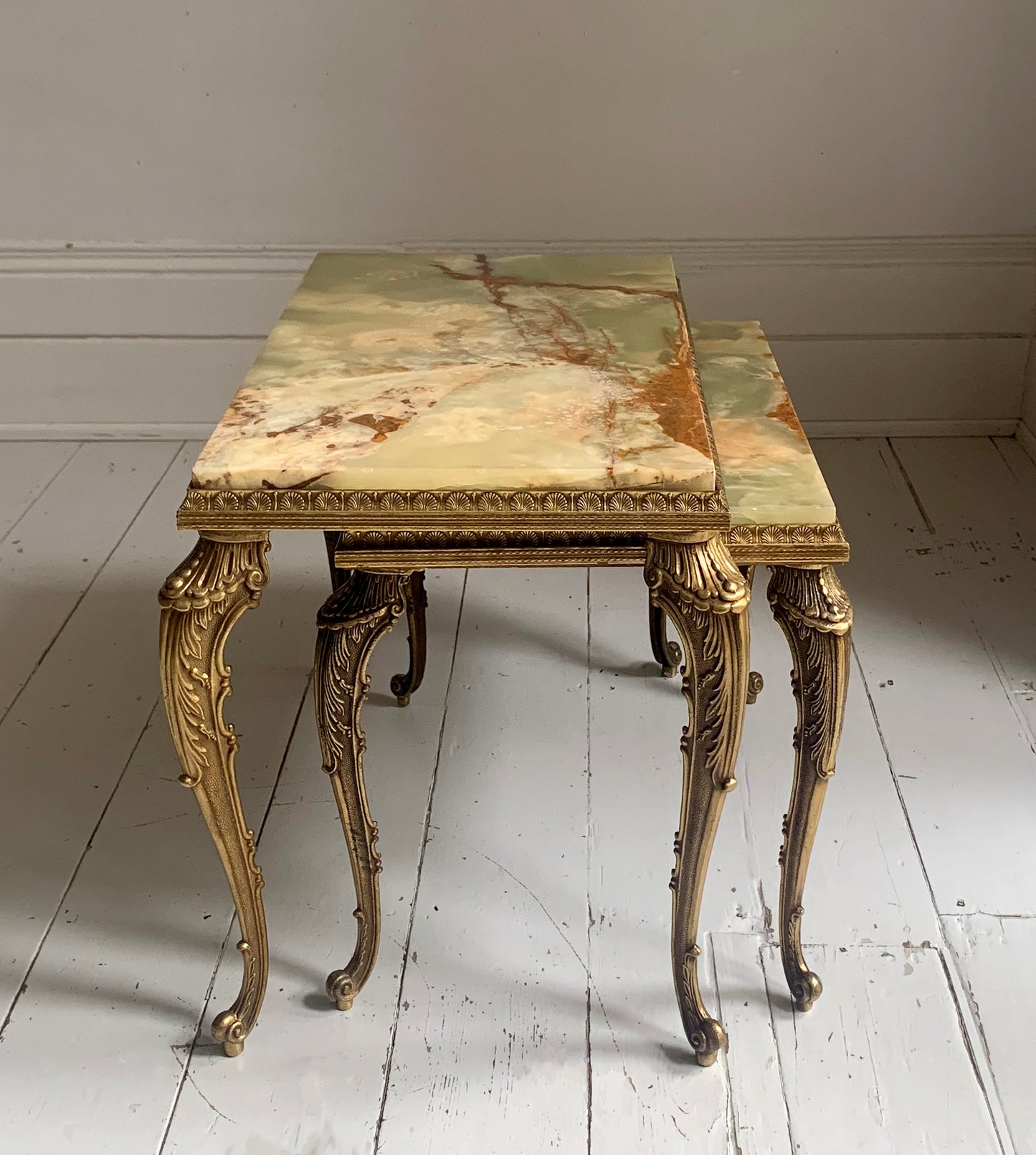 Vintage Hollywood Regency Pair of Onyx & Brass Nesting Tables