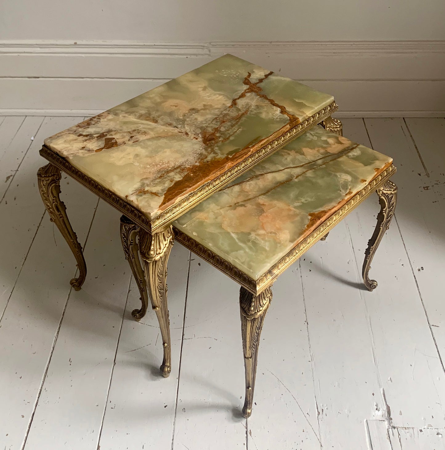 Vintage Hollywood Regency Pair of Onyx & Brass Nesting Tables