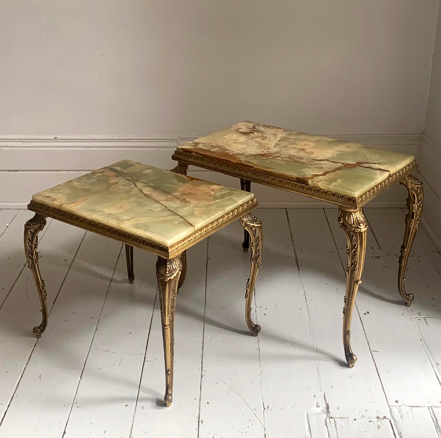 Vintage Hollywood Regency Pair of Onyx & Brass Nesting Tables