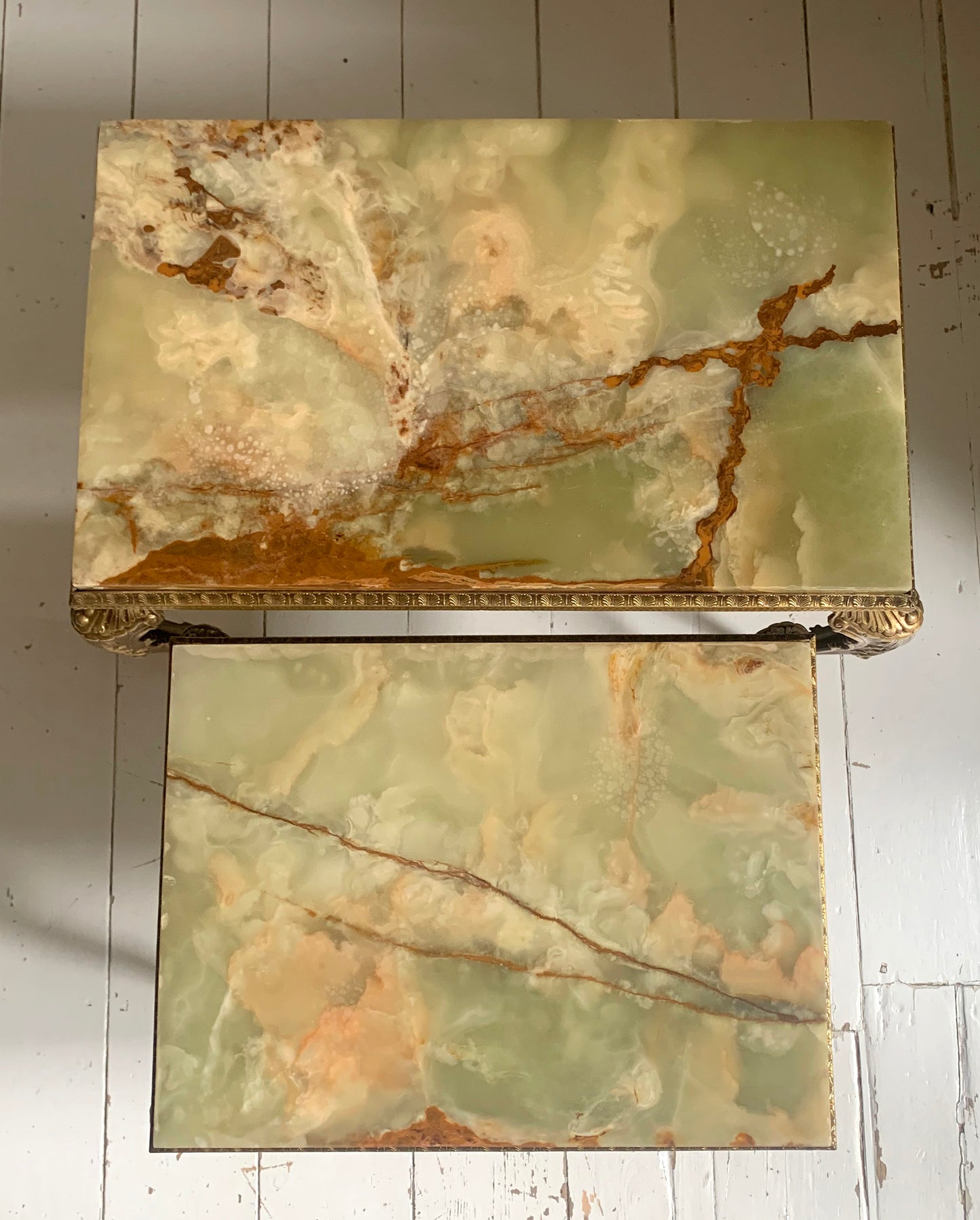 Vintage Hollywood Regency Pair of Onyx & Brass Nesting Tables