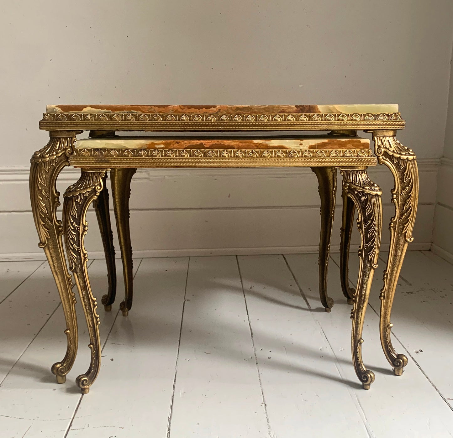 Vintage Hollywood Regency Pair of Onyx & Brass Nesting Tables