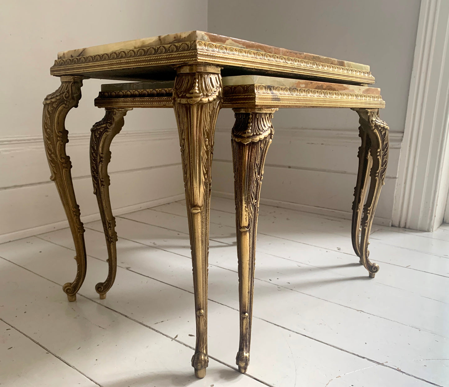 Vintage Hollywood Regency Pair of Onyx & Brass Nesting Tables