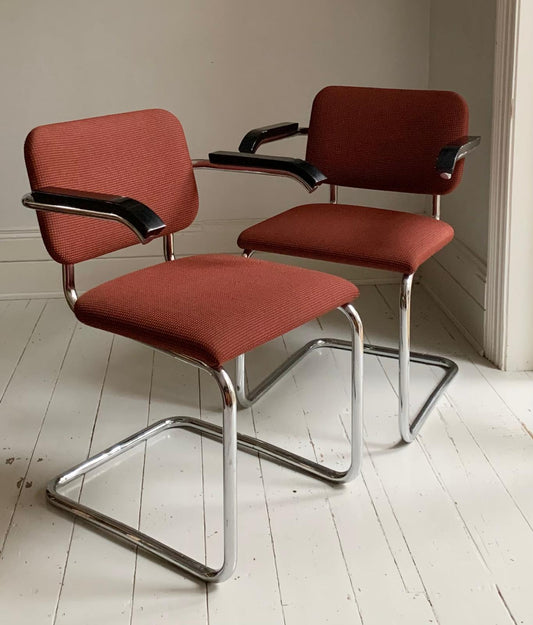 2 x Genuine Knoll Studio Cesca Chairs / Upholstered in Terracotta Fabric