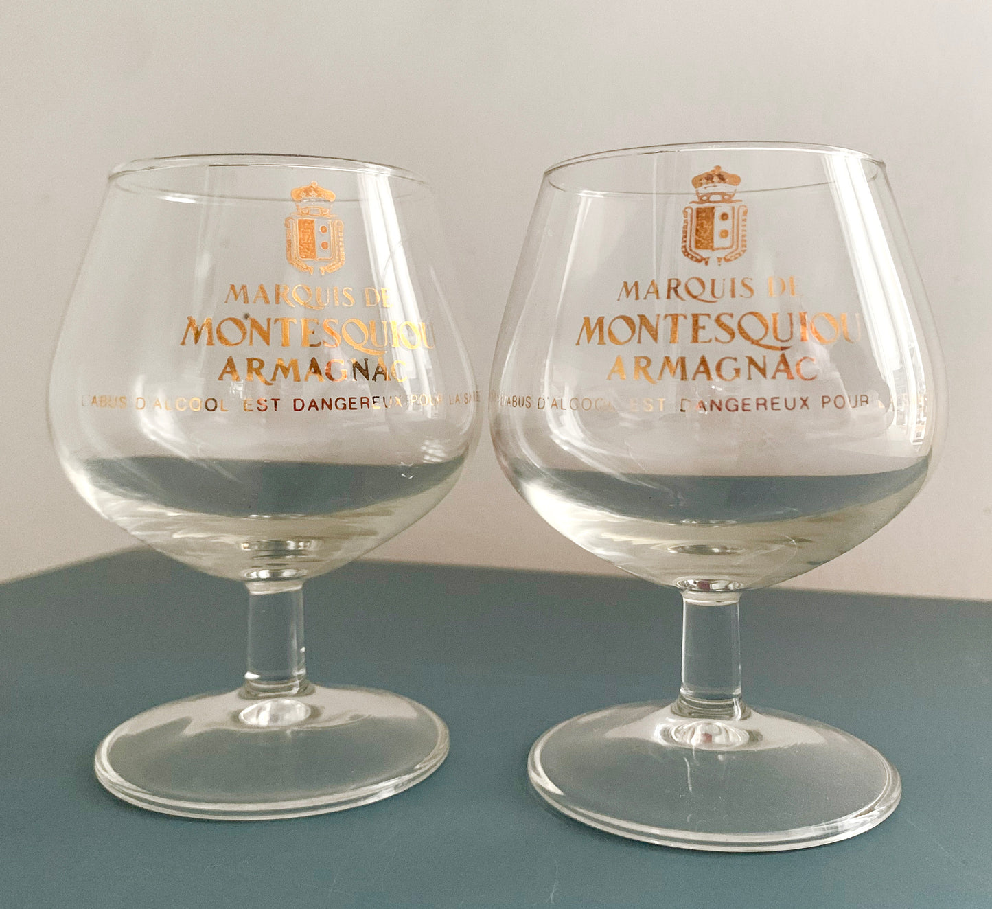 2 x Marque De Montesquiou Armagnac Brandy Small Stemmed Glasses