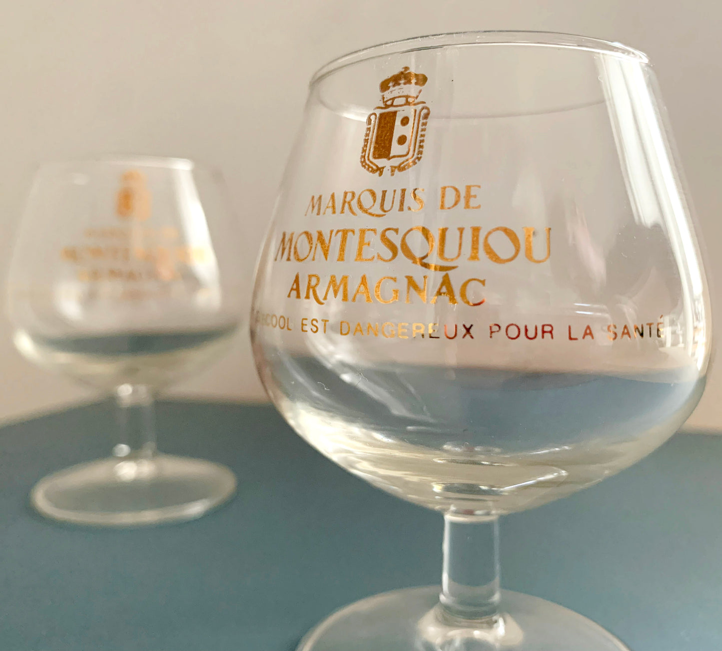 2 x Marque De Montesquiou Armagnac Brandy Small Stemmed Glasses