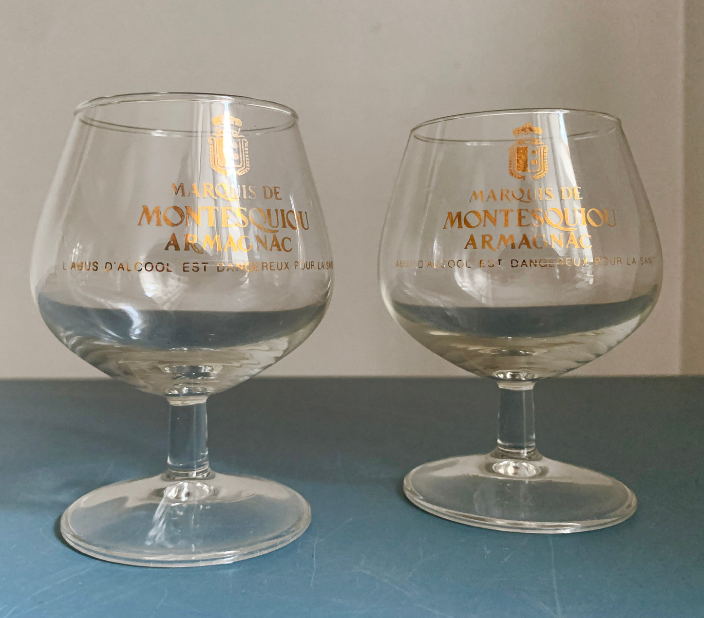 2 x Marque De Montesquiou Armagnac Brandy Small Stemmed Glasses