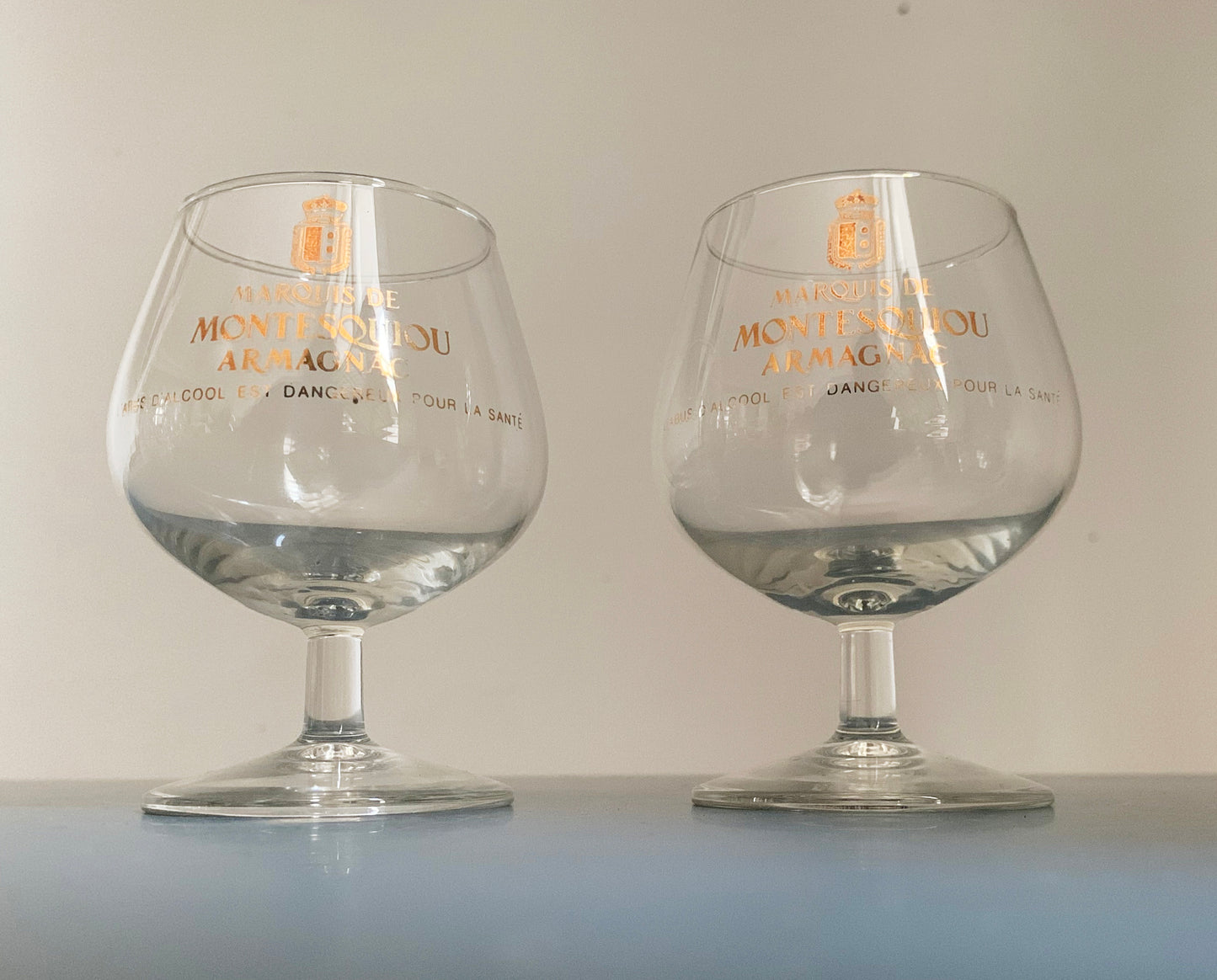 2 x Marque De Montesquiou Armagnac Brandy Small Stemmed Glasses