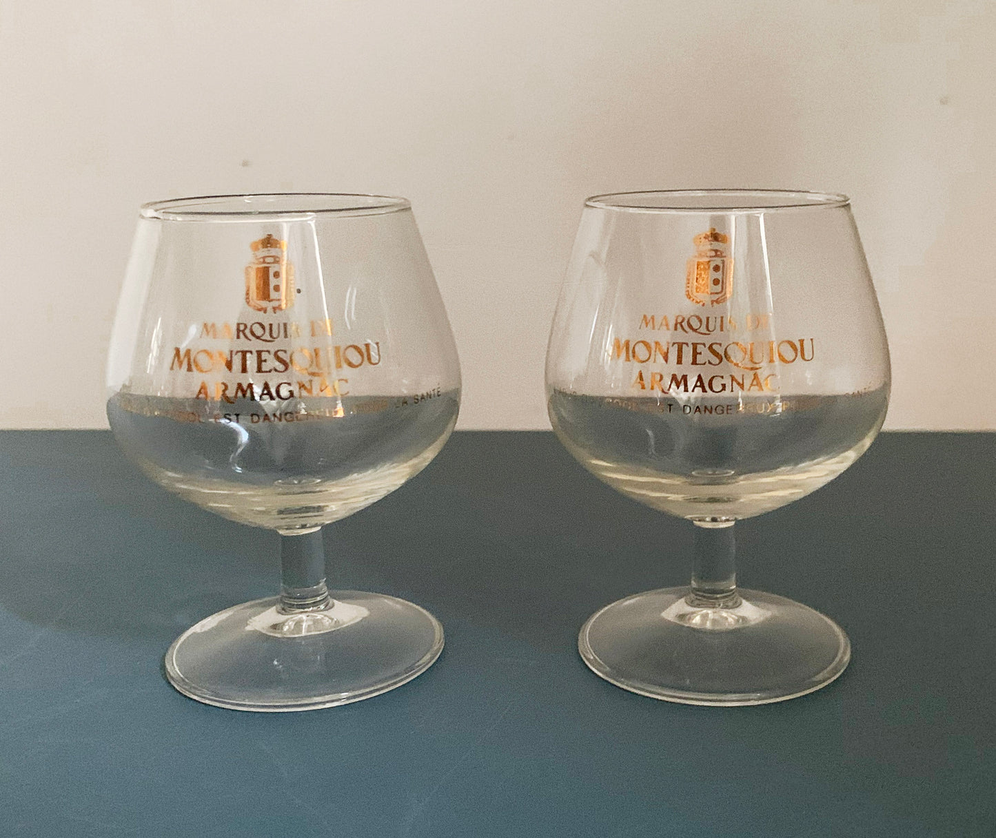 2 x Marque De Montesquiou Armagnac Brandy Small Stemmed Glasses