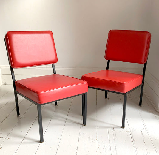 Mid Century Pair of Red Vinyl Lounge Chairs With Brass Feet