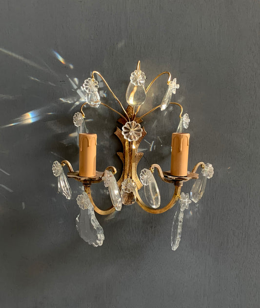 Pair of Vintage French Rococo Style Two Arm Brass Wall Lights w/ Cut Glass Drops