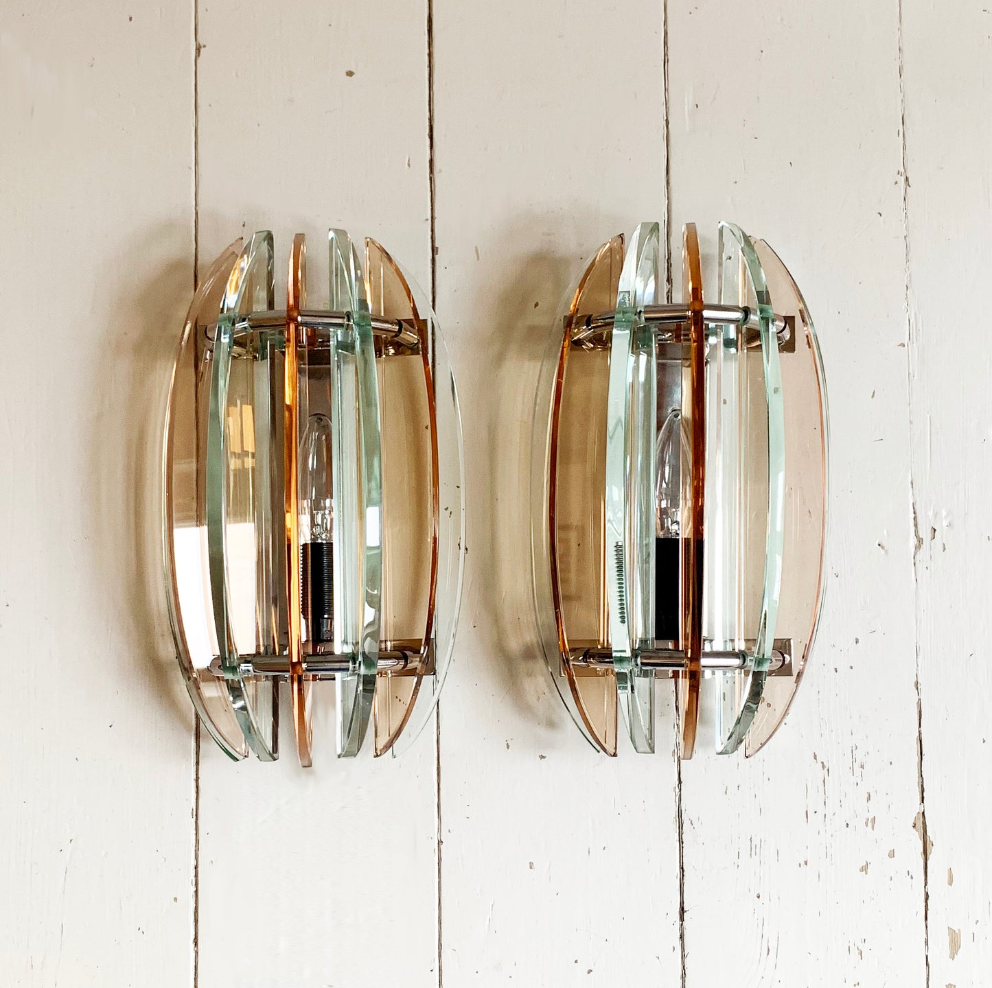 Pair of Vintage 1970s Italian Veca Wall Sconces / Lights Pale Orange & Green