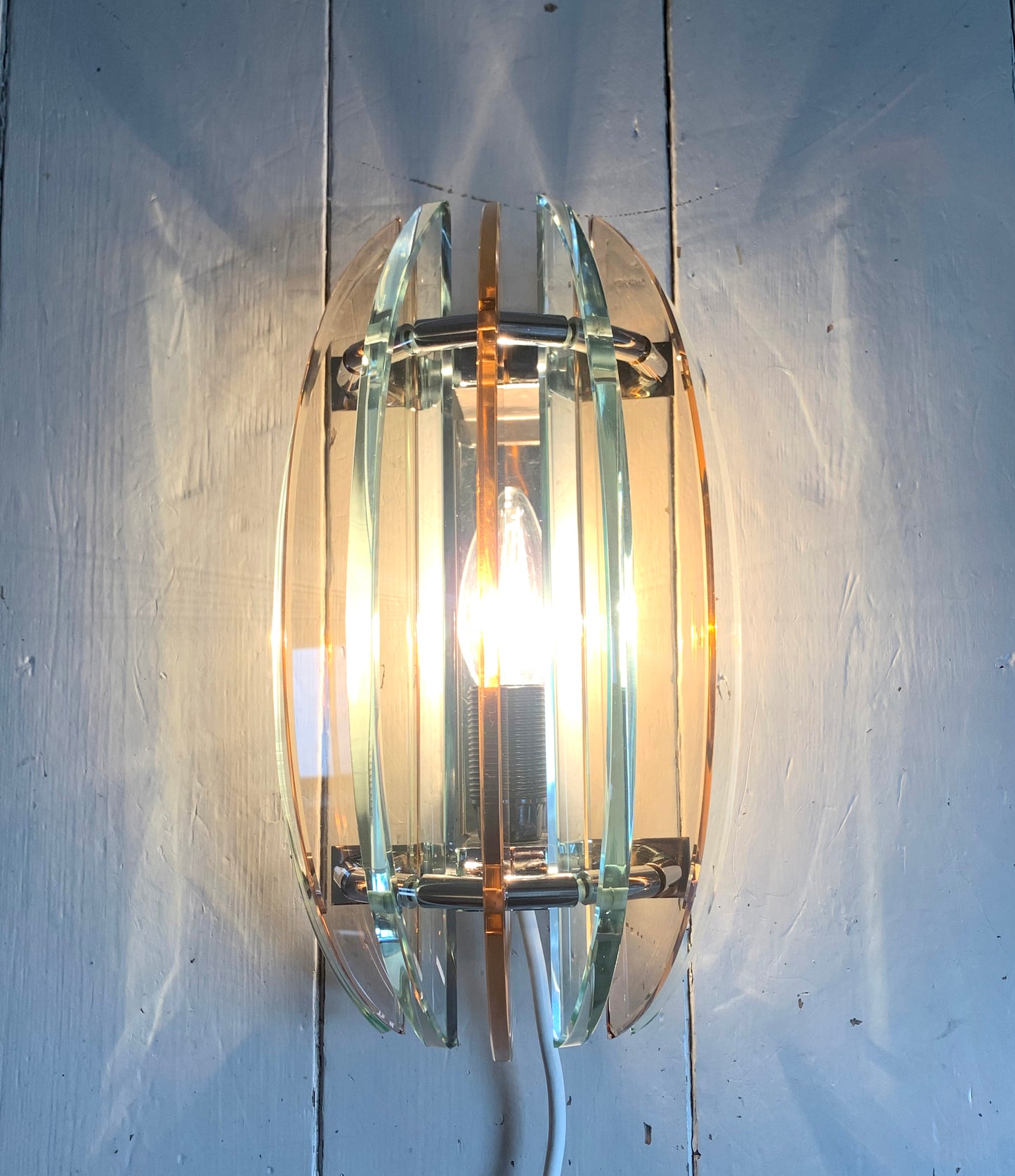 Pair of Vintage 1970s Italian Veca Wall Sconces / Lights Pale Orange & Green