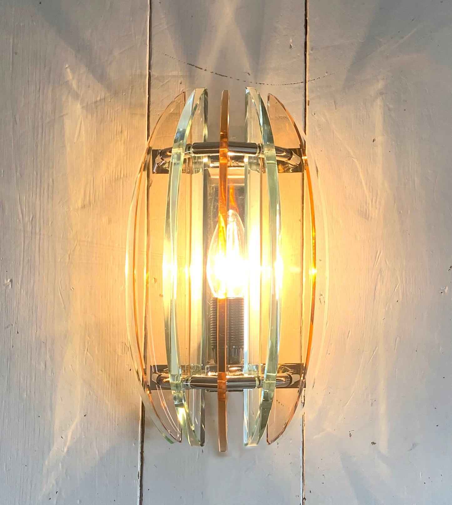 Pair of Vintage 1970s Italian Veca Wall Sconces / Lights Pale Orange & Green