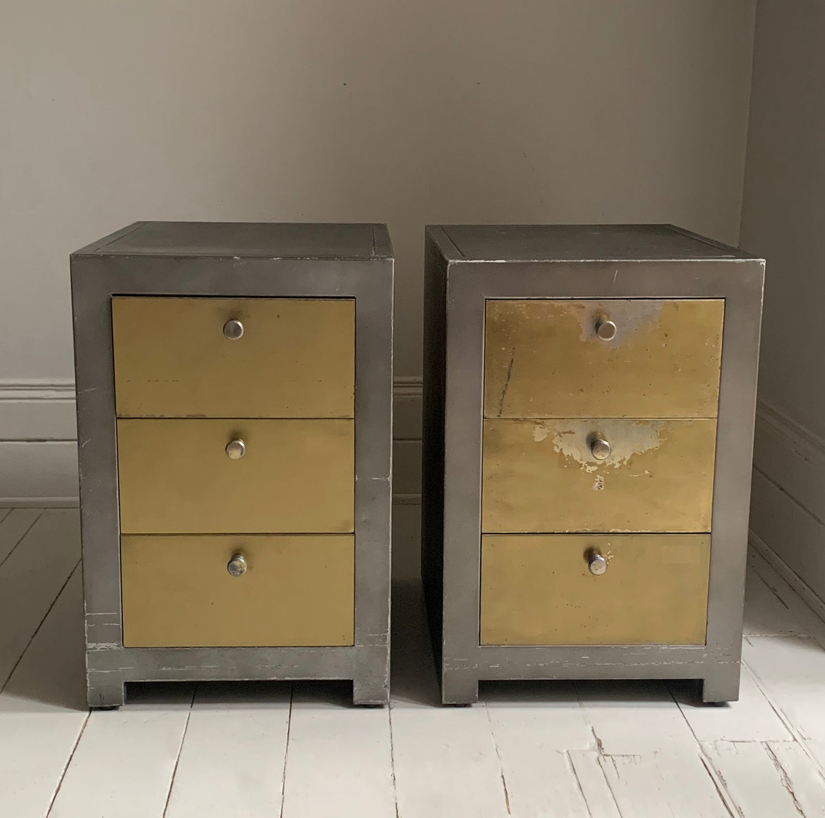 Pair of Vintage Mixed Metal Night Stands / Chest of Drawers / Office Storage