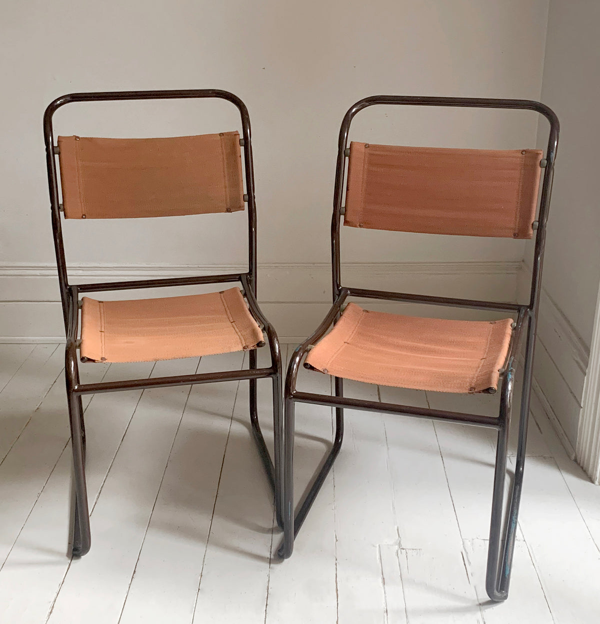 2 x 'Cox' Vintage Stacking Chairs - Canvas Seats, Black Tubular Metal Frame 2of2